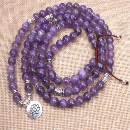 8mm Amethyst Gemstone 108 Beads Lotus Pendant Mala Necklace energy Veins natural Wrist Lucky Meditation Tassel Tibet silver