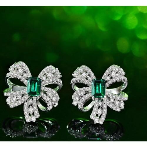 Bowknot Nature Emerald Diamond Stud Earring 100% Real 925 sterling silver Jewelry Engagement Wedding Earrings for Women Gift