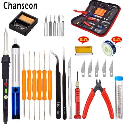 Chanseon EU 60W Temperature Adjustable Electric Soldering Iron Kit Desoldering Pump Tin Wire Welding Tools Storage Bag New