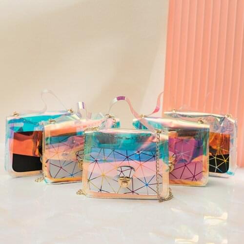 Ladies Geometric Lines Printing Flap Handbags Daily Laser Transparent Crossbody Bags Female PVC Messenger Bags