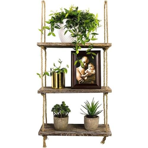 1/2/3 Tier Rustic Wooden Hanging Rope Shelf-Handmade Solid Wood Floating Shelves Home Decorative Wall Mounted Rack LBShipping