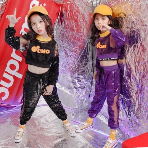 Kids sequins hip hop cropped clothes tops casual pants for girls jazz ballroom dance costumes stage dance wear