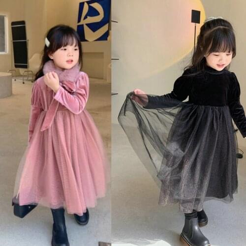 Kids Girls Retro Princess Dress 2021 Winter New Children Elegant Mesh Patchwork Dresses Baby Thicken Warm Clothing, #9282