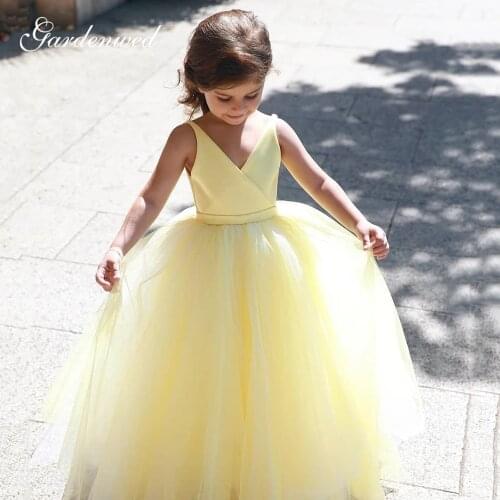 Simple Yellow Flower Girl Dresses 2020 V Neck Ball Gown Long Baby Girl Party Dresses Low V Back