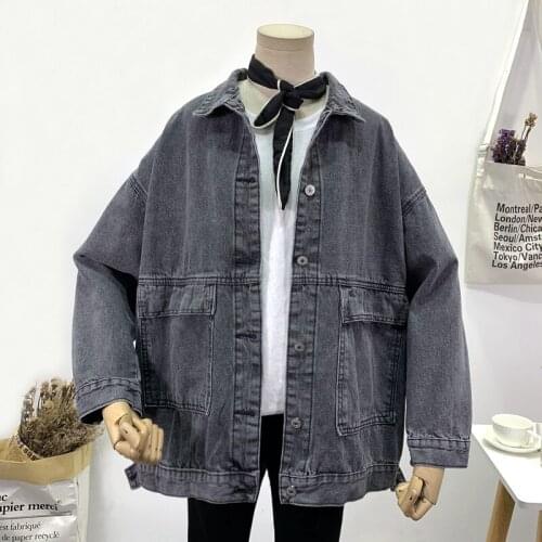 Vintage Washed Gray-black Blue Jeans Jacket Female Loose Big Pocket Korean Oversize Long sleeve Denim Jacket Women Casual Spring