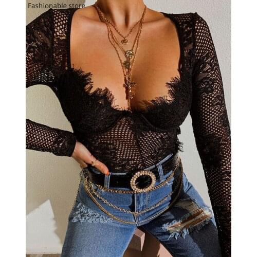 Women Sexy Deep V Neck Lace Bodysuit Autumn Spring Solid Color Sheer Long Sleeve Rompers