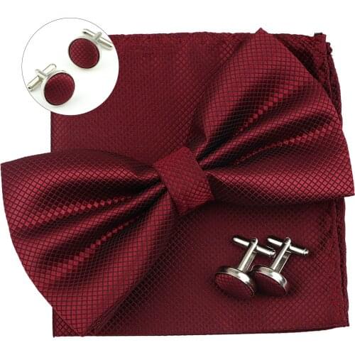3PC Mens Bowtie Set Fashion Dot Solid Polyester Bow Tie Handkerchief Cufflinks Bar Party Wedding Business Daily Wear Accessories