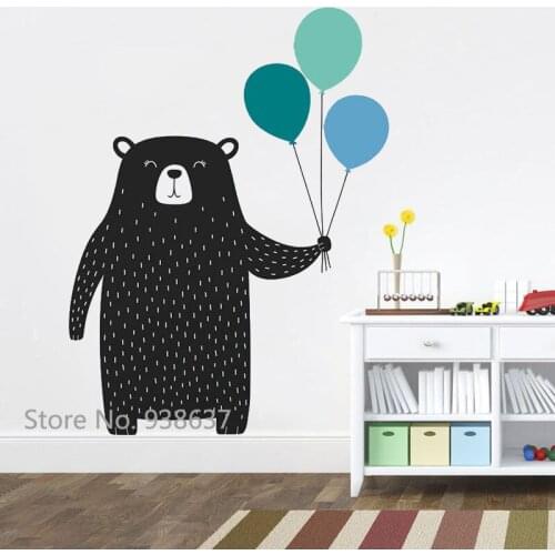 Cute Bear with Balloons Wall Stickers Woodland Animal Vinyl Wall Decal for Kids Room Bedroom Nursery Wall Tattoo Decor JW336
