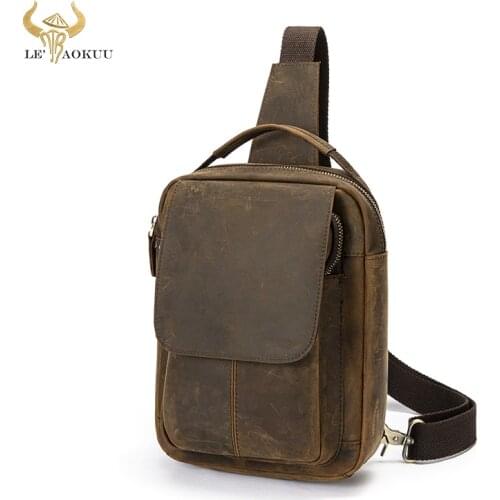 Men Crazy Horse Leather Casual Fashion Triangle Chest Sling Bag Design Travel 8" Tablet Tote One Shoulder Bag Daypack Male 20154
