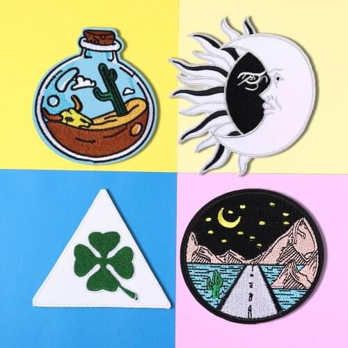 Lucky clover Scenery drifting bottle Embroidery The sun and the moon Patches Iron T-Shirt Jackets Coats Clothes Appliques