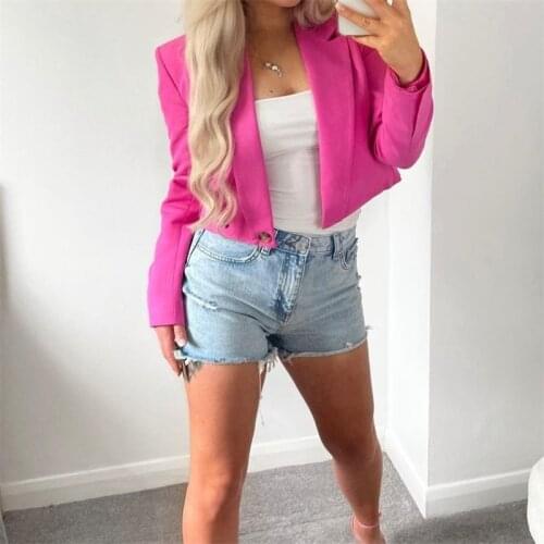 ZXQJ Women 2021 Fashion Crossover Cropped Blazer Coat Vintage Long Sleeve Slits Cuffs Female Outerwear Chic Tops