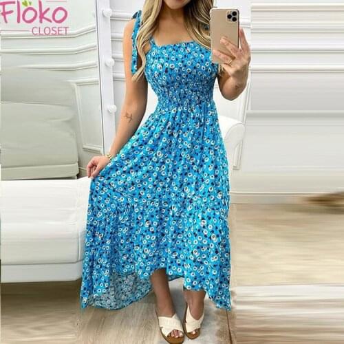 Flokocloset Casual Tie Strap Ditsy Floral Print Maxi Dress Summer Sexy Spaghetti Strap Bohemian Party Dress for Women