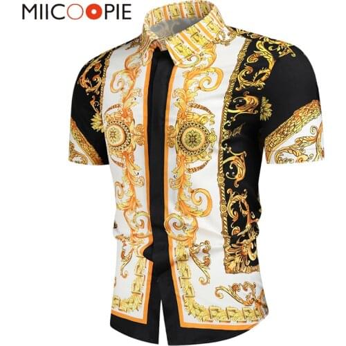 Mens Vintage Shirts Summer 8 Color Golden Royal Printing Short Sleeve Blouse Men Dress Casual Button Baroque Camisas Para Hombre