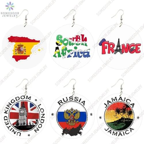 SOMESOOR European Symbols Spain Map France Stickers African Wooden Drop Earrings Jamaica Printed Loops Dangle For Women Gifts