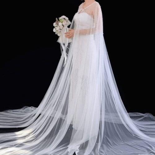 Wedding Cape White Pearl Beaded Long Tailing Cape Floor Length for Elegant Bridal Handmade Bridesmaid Formal Event Wrap 2021