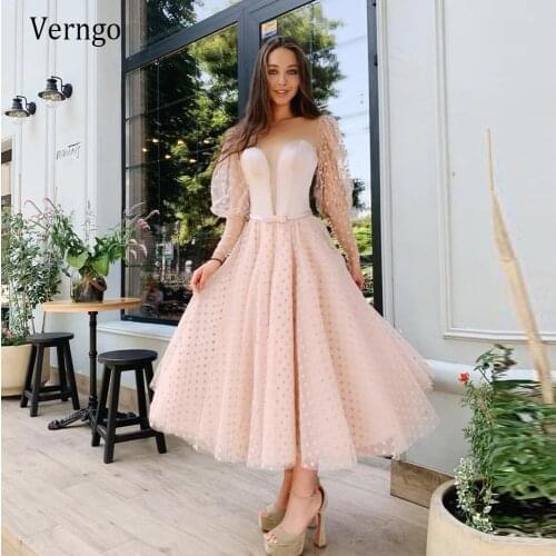 Verngo 2021 New Dot Tulle Long Sleeves Evening Dresses A Line Princess Cute Formal Party Dress Tea Length Prom Gowns