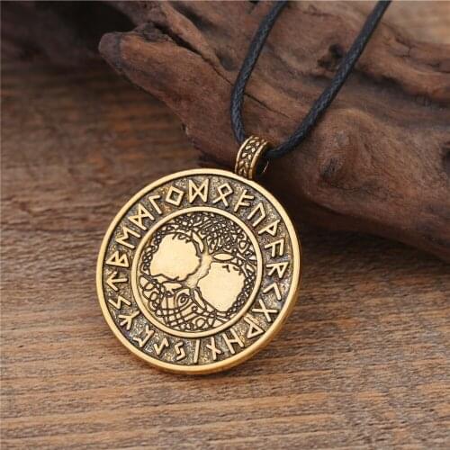 Vintage Nordic Vikings Runes Amulet Pendant Necklace World Tree Totem Nordic Talisman Viking Necklace for Men Women