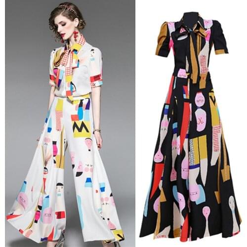 Runway 2 Pcs Set Office Ladies Women Summer Spring Cartoon Print Bows Shirt Femal Work Open Leg Loose Pants Suits CC203