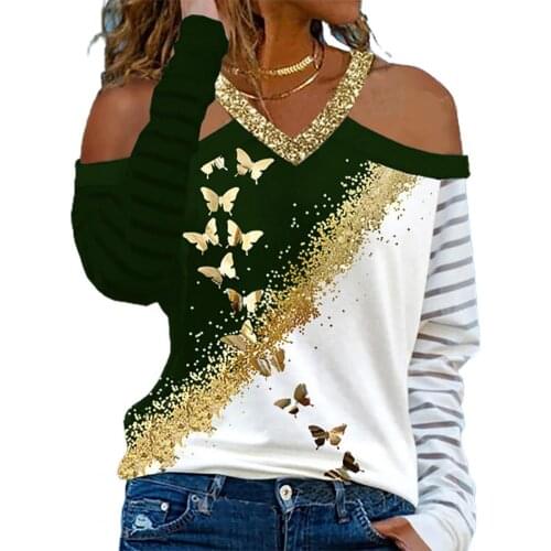 Casual Women Blouse Autumn Long Sleeve V Neck Skin-friendly Off Shoulder Butterflies Print Autumn Blouse Pullover Top Blue xxxxl