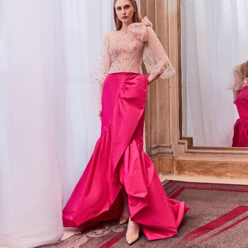Fashion Fuchsia Women Skirt Customized Ruched Sweep Train Long Prom Skirts Formal Wear Elegant Split Pleated Skirt Saia Longa