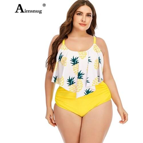 Large Size 4xl 5xl Women Tankini Sets 2021 Summer New Pineapple Print Swimsuits Ruffle Crop Top Casual Two Pieces Swimwear Femme