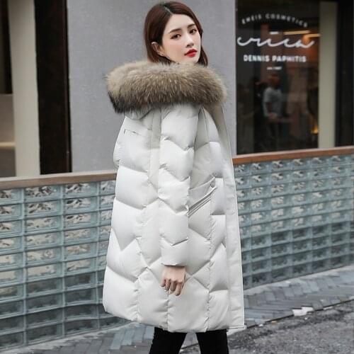 Women Down Jacket Winter Fashion Solid Hooded Thick Warm Raccoon Fur Collar Midi-Lenght Coat Female Parkas Outwear