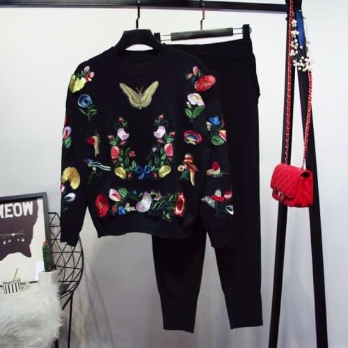 Black Knitted Tracksuits Women Outfits Butterfly Embroidery Flowers Pullover Sweater Pencil Pants Set Fashion Knit Suit Female