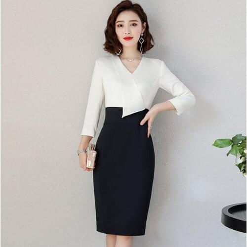 Korean Beauty Uniform Pencil Office Lady Dress Sexy V-Neck Slim High Waist Black White Patchwork Elegant Party Dress Women AS530