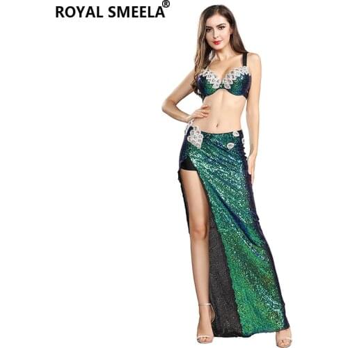 Sequins Belly dance Bra Dress Long Skirt Dancer Outfit 2pcs Bling Mermaid Carnival Costumes Sexy belly dance costume for women