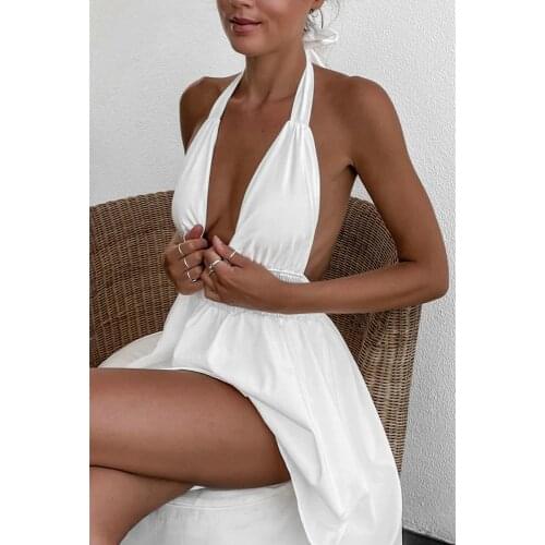 Summer Dress Femme Robe Women Sexy Deep V Neck White Dress Y2K Halter Neck Backless Beach Dress For Women Clothing 2021 Vestidos