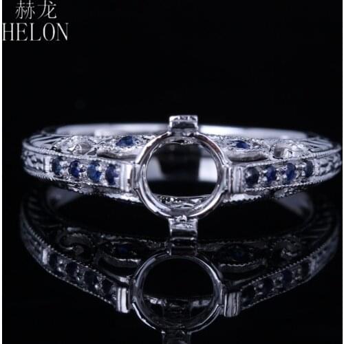 HELON Solid 10k White Gold Pave Natural Sapphire Women Vintage Fine Jewelry Semi Mount Engagement Wedding Ring Fit Round 6mm