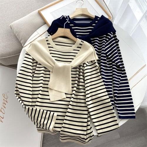ZXQJ Women 2021 Fashion Striped Loose Scarf Decoration Knitted Sweater Vintage Long Sleeve Female Pulllovers Chic Tops