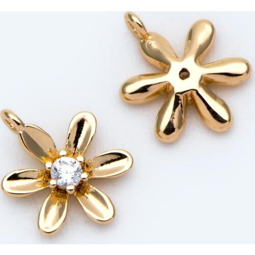 10pcs Gold CZ Flower Charms, 18K Real Gold Plated Brass, Tiny Floral Pendants (GB-1762)