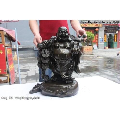 19 China Copper Pure Bronze Happy Laughing Maitreya Buddha Money Bag Coin Statue Discount 55