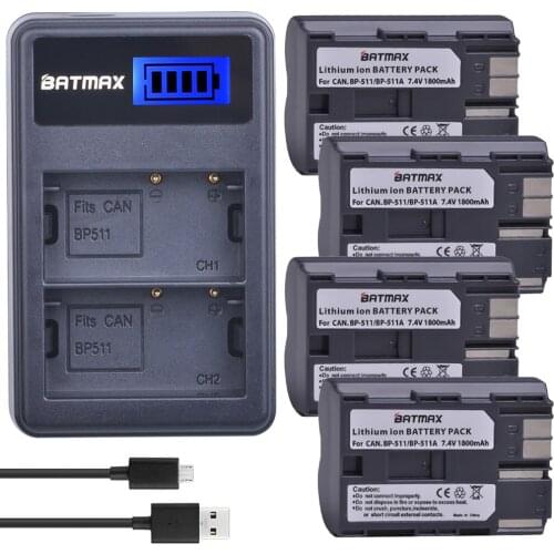 4X 1800mAh BP-511A BP-511 BP511A BP511 Camera Battery +LCD USB Dual Charger for Canon EOS 5D 50D 40D 20D 30D 10D 1D D60 300D D30