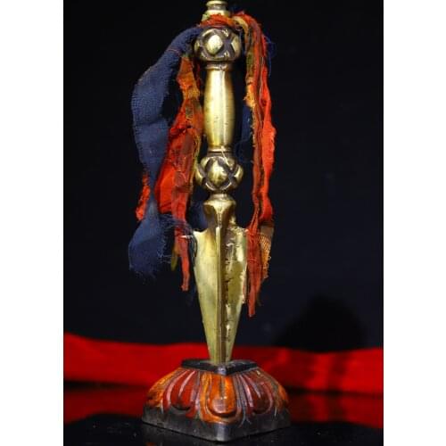 8" Tibet Buddhism Old Bronze Hand beat Engraved Old magic weapon Dorje Vajra Phurpa Base set Town House Exorcism