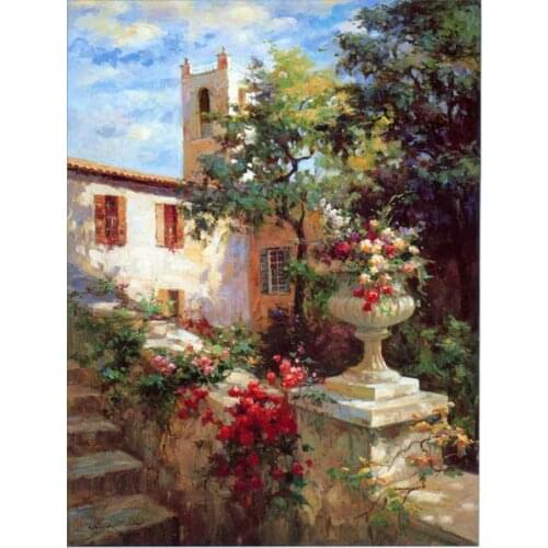 Free shipping Mediterranean house flower landscape oil painting canvas painting prints on canvas wall art decoration pictures