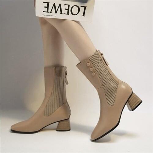 Square Toe Ankle Boots Leather Dress Women Autumn Winter Shoes Apricot Black Heel Womens Boots Comfortable Fashion New