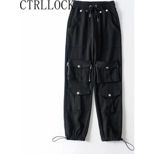 CTRLLOCK Hiphop Casual High Waist Womens Pants Autumn Button Pocket Overalls Cargo Pants For Female