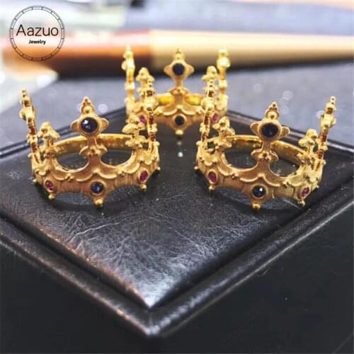 Aazuo Real 18K Yellow Gold Jewelry Natural Blue Sapphire Ruby Imperial Crown Rings gifted for Women Wendding Party Real Au750
