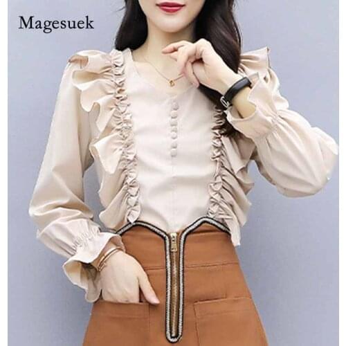 New Elegant Vintage Front Buttons Ruffles Female Blouse V-neck Flare Sleeve Chiffon Blouse Women Shirt Autumn Blusas Mujer 10911