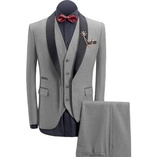 New Mens 3-Pieces Suit Slim Fit Shawl Lapel Tweed Tuxedos Groomsmen For Wedding Grey Custom Size (Blazer+vest+Pants)