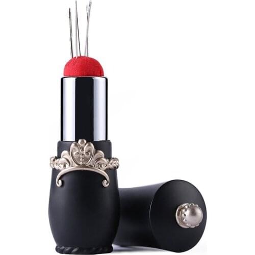 New craft rotatable needle holder lipstick needle shaped pin cushion with 5 sewing nee dles pin coxim cost tool