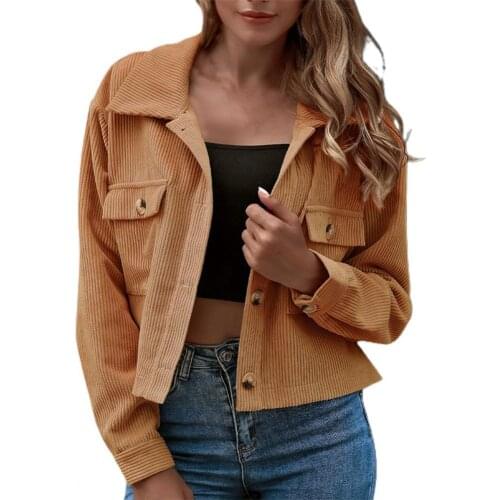 Autumn Women Long Sleeve Solid Color Jacket Coat Pockets Turn-down Collar Single Breasted Corduroy Short Jacket Female Outerwear