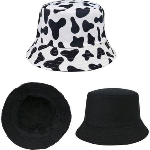 Japanese Women Men Summer Bucket Hat Black White Dairy Cow Print Personality Student Outdoor Sunscreen Reversible Fisherman Cap