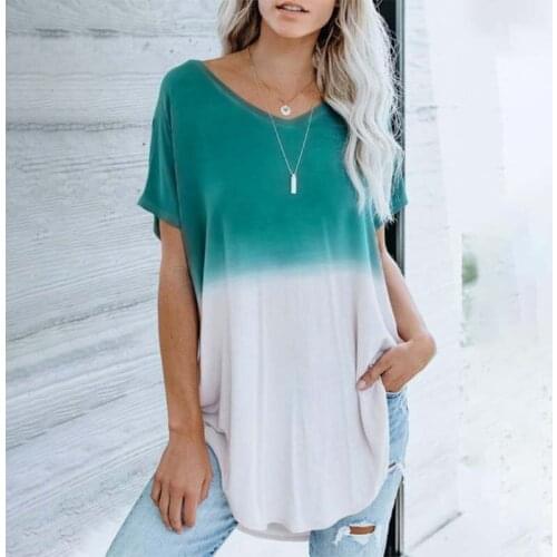 Casual T Shirt Women Clothes Summer Gradient Sexy V-neck Short Sleeve Mid-length Loose Tops Plus Size Streetwear Tee Shirt Femme