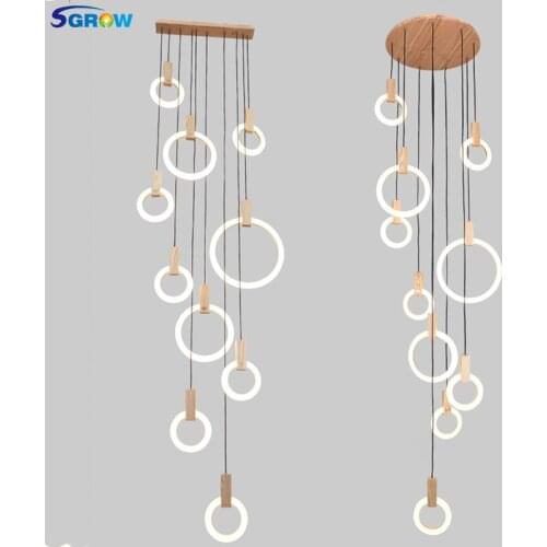 SGROW Multiple Acrylic Ring Combinations Pendant Light Fixtures 5/7/10 Heads Wooden Hanging Lamp Indoor Lighting for Living Room