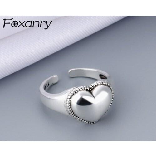 Foxanry 925 Sterling Silver Wide Rings for Women New Trend Hip Hop Vintage Simple Sweet Love Heart Party Jewelry Gifts Wholesale