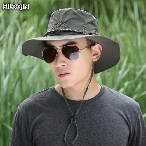 SILOQIN Hat Summer Trend Mens Bucket Hats Windproof Rope Fixed Fishing Cap Monochrome Embroidery Travel Hiking Sunshade Hat