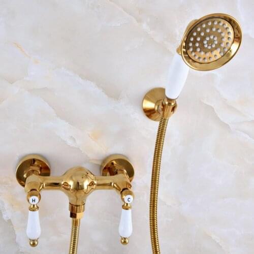 Modern Polished Gold Color Brass Wall Mount Bathtub Faucet with Handheld Shower Set +1.5M Hose Mixer Tap 2na979